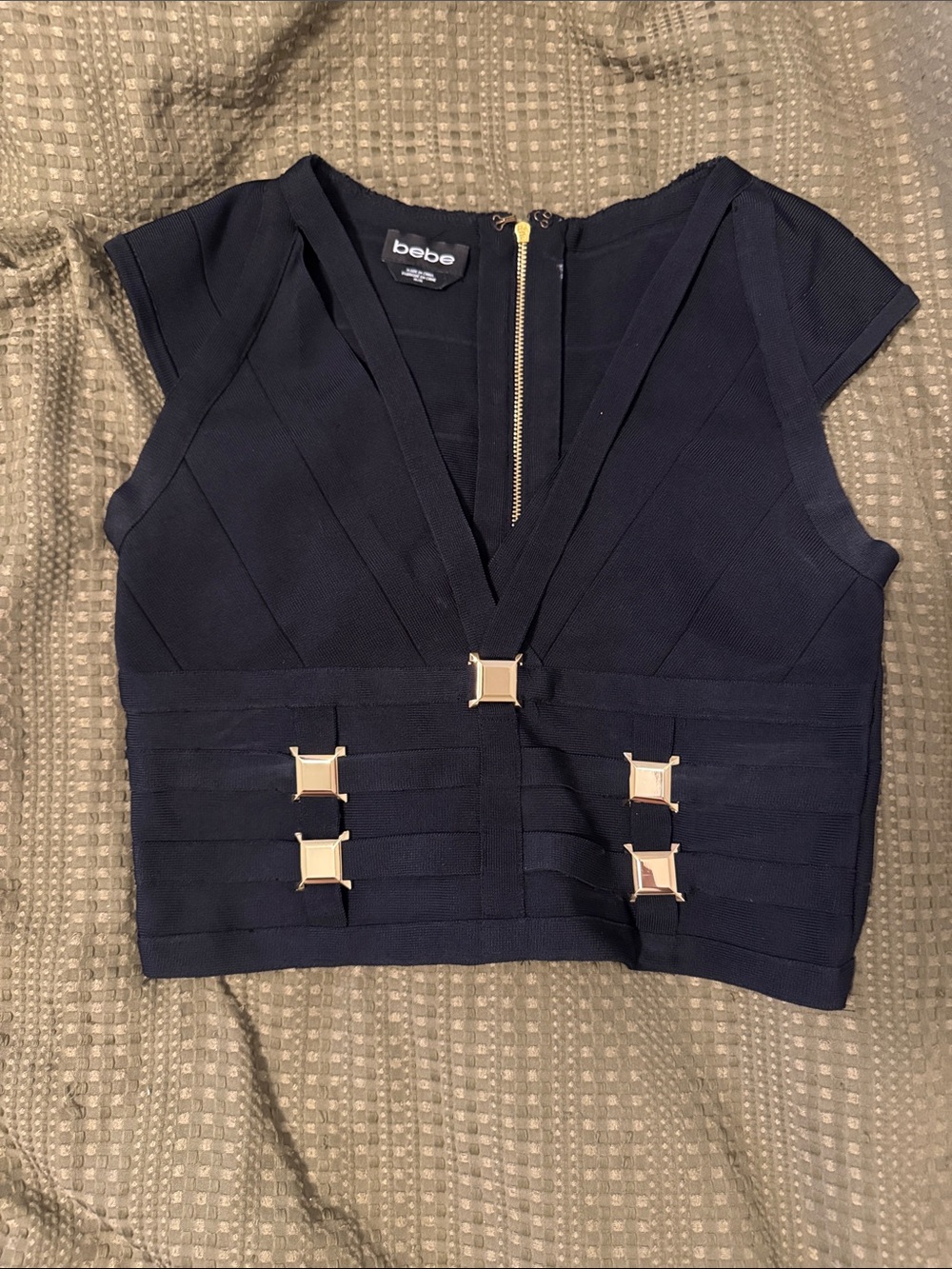 bebe Navy Structured V-Neck Crop Top with Gold Hardware